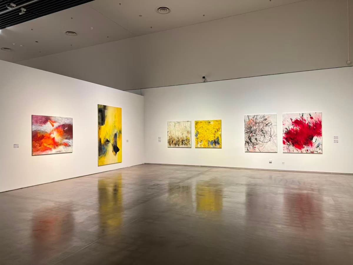 Abstract paintings in the gallery